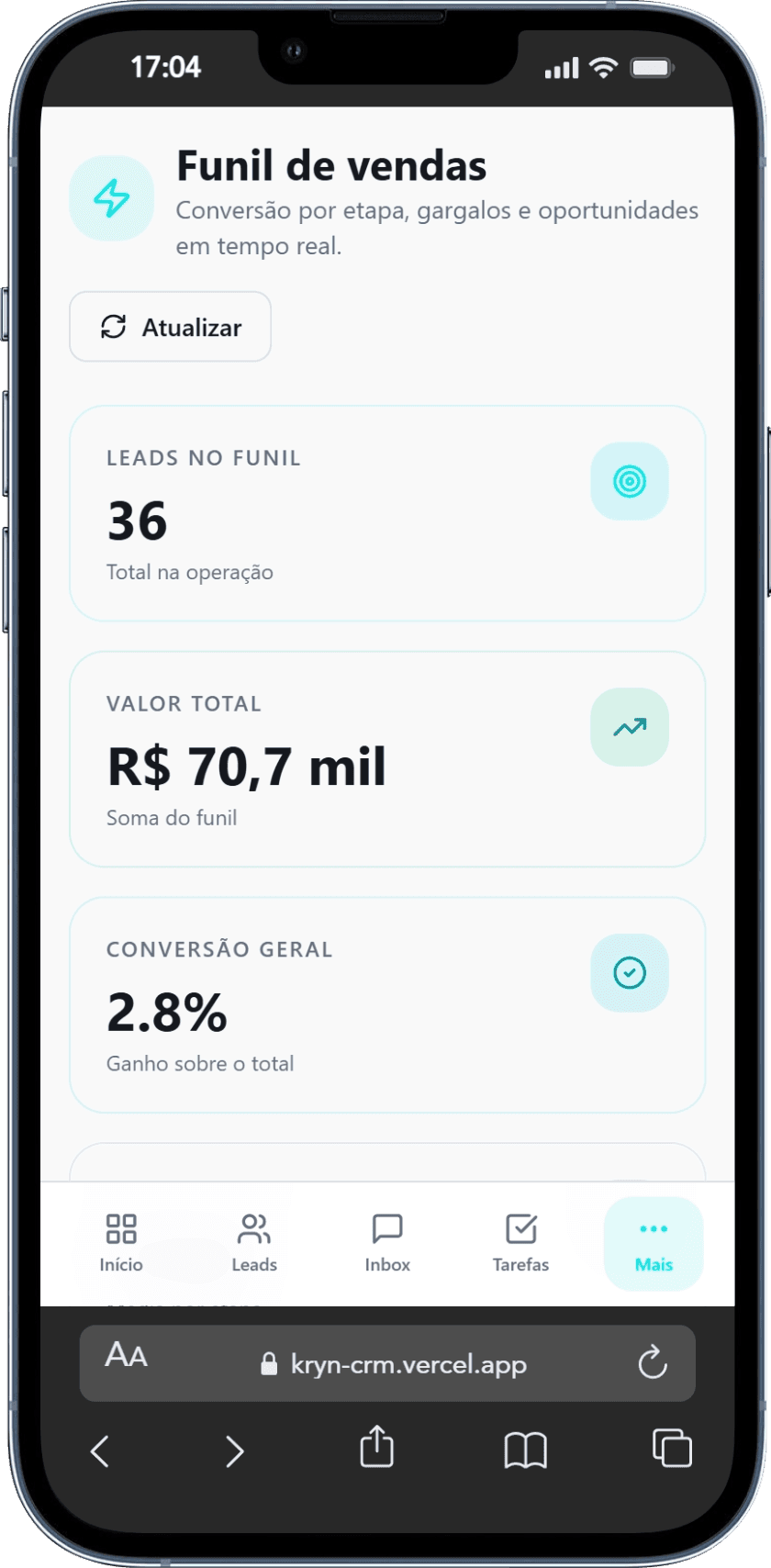 Mobile Kryn view focused on sales funnel and quick tracking.