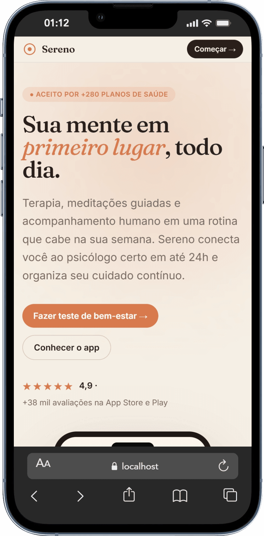 Versão mobile da Sereno com hero, faixa de planos de saúde e CTA de teste.