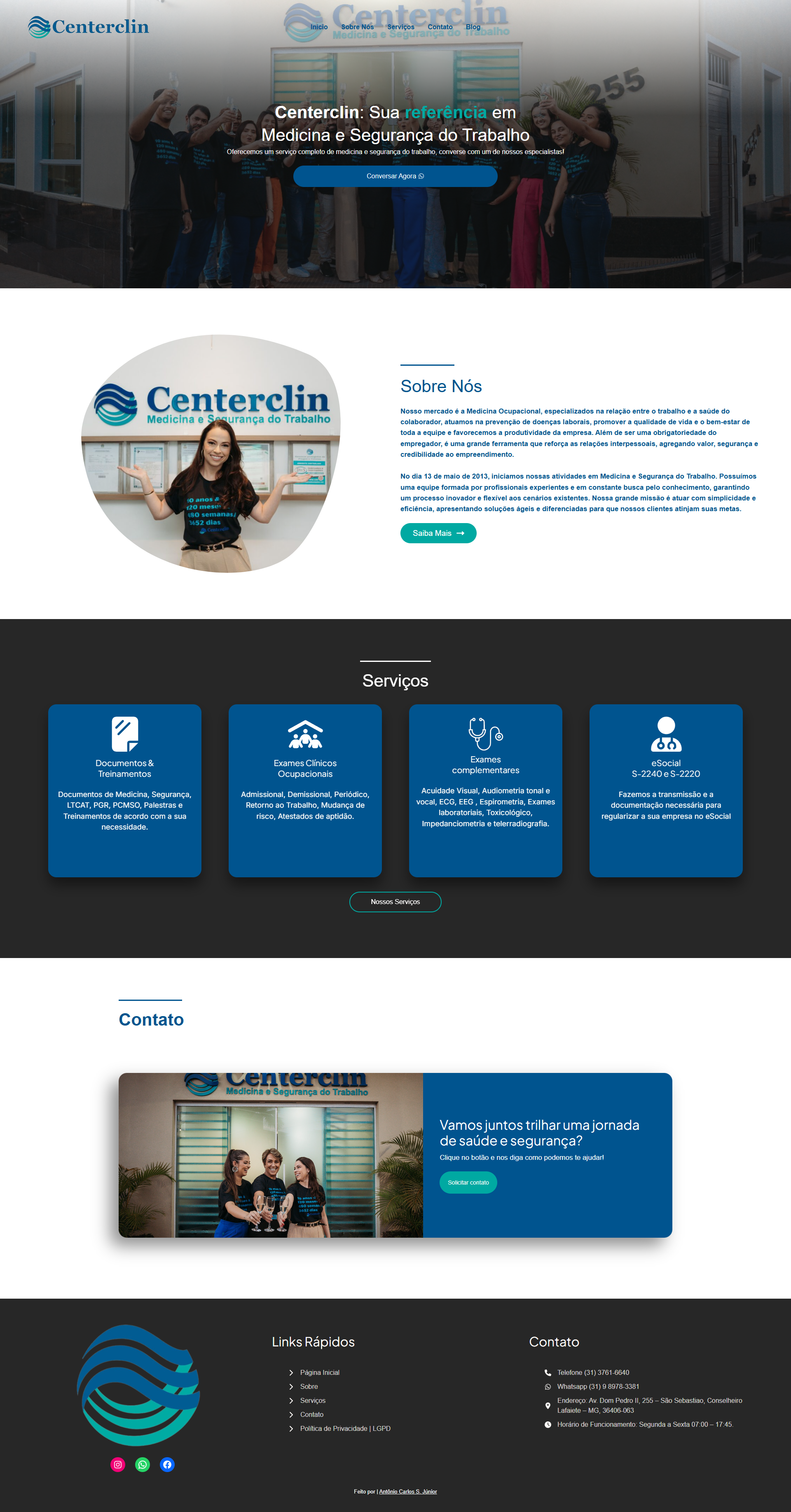 Página inteira da Centerclin — hero, sobre, serviços e contato.