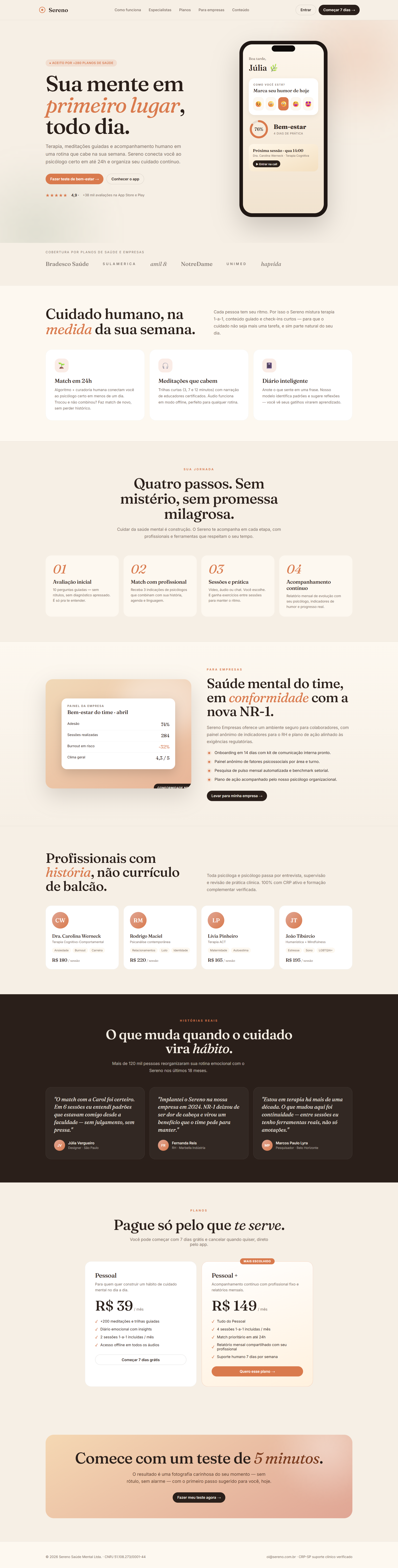 Página inteira da Sereno — jornada do paciente, painel B2B NR-1, especialistas, planos e CTA final.
